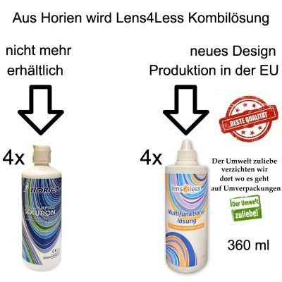 Aus Sparpack Horien (Hydron) 4 x 360 ml wird Lens4Less Multifunktionslösung