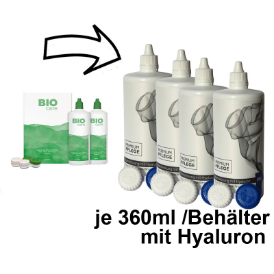 Aus Menicon Bio Care 2x360ml wird Premium Pflege Kombilösung mit Hyaluron 4x360ml / 4 Behälter