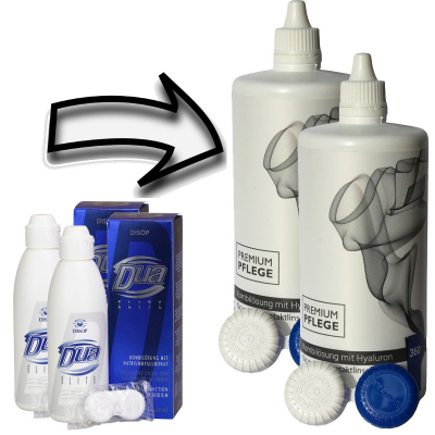 Aus Dua Elite von Disop 2x360ml wird Premium Pflege Kombilösung mit Hyaluron 2x360ml