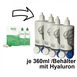 Aus Menicon Bio Care 2x360ml wird Premium Pflege Kombilösung mit Hyaluron 4x360ml / 4 Behälter